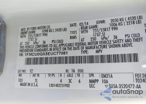 2014 Ford Escape Se from USA, damaged, VIN 1FMCU0GX5EUC77081